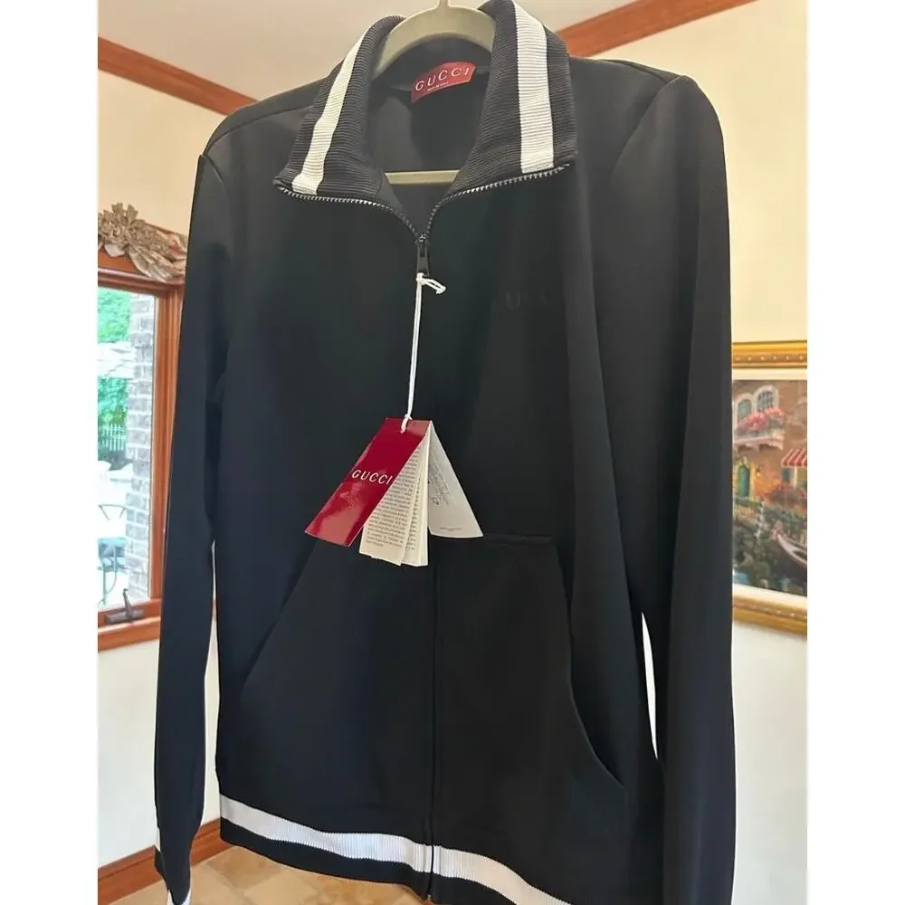 Men's Gucci jersey technical, zip up jacket, web, trim, size medium made Italy